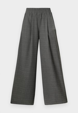 Grijze geruite broek met een wijde pijp, elastische tailleband en een textuurstof met een ruitenpatroon in donkere tinten.