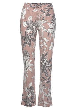 Floral lounge pants in a soft pink fabric with black and white floral print, featuring an elastic waistband and drawstring detail.