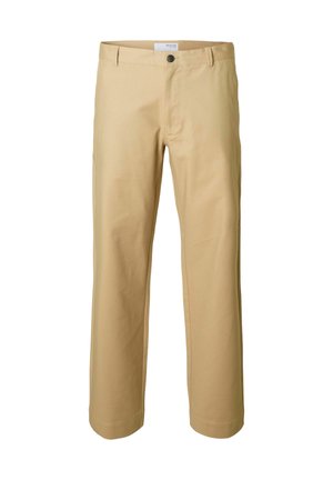Pantalon chino kaki en mélange de coton lisse. Dispose d'une braguette zippée, d'une fermeture à bouton, de poches standards et d'une coupe droite.