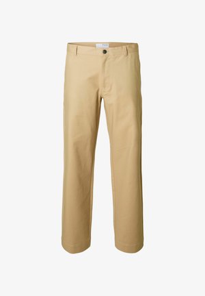 Pantalon chino kaki en mélange de coton lisse. Dispose d'une braguette zippée, d'une fermeture à bouton, de poches standards et d'une coupe droite.