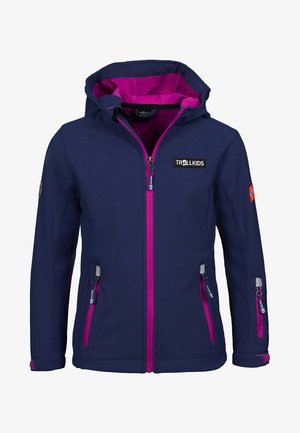 Navy softshell jacket with a pink interior, front zip closure, and two zippered side pockets. Features a drawstring hood and brand logo.