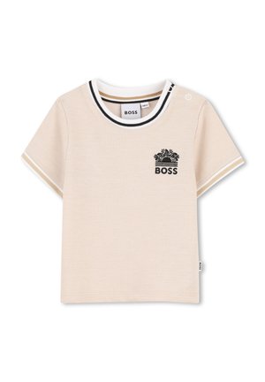 Beige peuter T-shirt met korte mouwen en zwarte en witte bies op de kraag en mouwen, met een zwart "BOSS" logo met zon en golven op de borst.