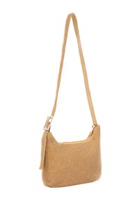 Borsa a spalla giallo e marrone a quadri con texture liscia, chiusura con zip e tracolla sottile decorata con hardware argentato.