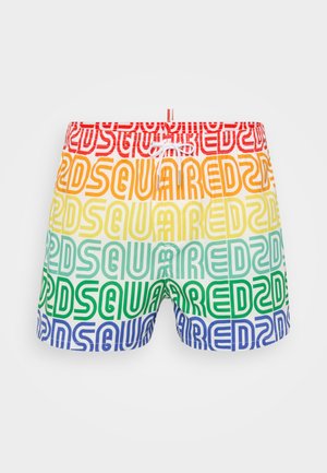 Herrenschwimmshorts mit einem Farbverlauf-Muster in Orange, Gelb, Grün und Blau sowie wiederholtem "D2"-Branding. Mit Kordelzugbund und leichtem Stoff.