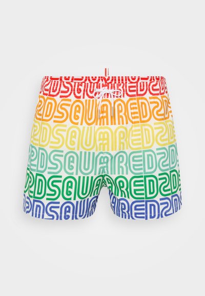 Badshorts för herrar med ett gradientmönster i orange, gult, grönt och blått med upprepande "D2"-logotyp. Dragsko i midjan och lätt material.