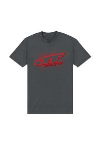 Šedé bavlněné tričko s velkým červeným logem "JT Racing" se skvrnitým efektem, kulatým výstřihem a krátkými rukávy. Měkká textura.
