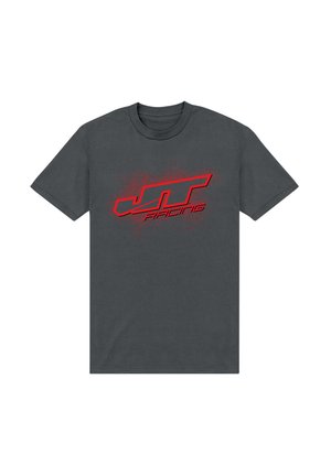 Grå bomulds t-shirt med et stort rødt "JT Racing" logo med splattereffekt, rund hals og korte ærmer. Blød tekstur.