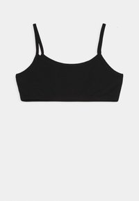 Svart crop-top med tynne justerbare stropper, laget av glatt stoff. Har rund halslinje og et enkelt, sømløst design.