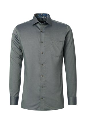 Graues Hemd mit langen Ärmeln und Knopfleiste, aus strukturiertem Stoff, mit einer Brusttasche und einem gemusterten blauen Innenkragen.