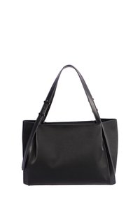 Bolso tote negro de cuero con un acabado texturizado, forma rectangular alta y correas planas ajustables. Diseño simple sin acentos de hardware visibles.