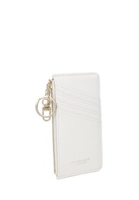 Portafoglio bianco testurizzato con chiusura a zip. Presenta più scomparti per carte e un attacco per portachiavi in tonalità dorata. Logo del brand impresso sul fronte.