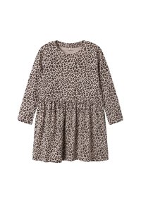Robe à manches longues en tissu beige doux avec un motif léopard. Elle présente une taille froncée et un col rond.
