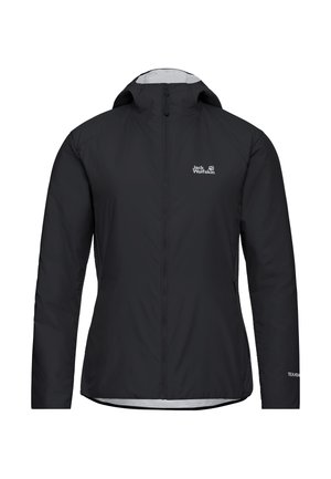 Schwarze Outdoor-Jacke mit durchgehendem Reißverschluss, Kapuze, langen Ärmeln sowie Jack Wolfskin-Logo auf der Brust und TEXASHIELD-Schriftzug am linken Ärmel.