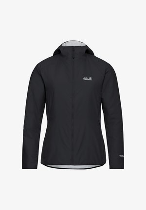 Schwarze Outdoor-Jacke mit durchgehendem Reißverschluss, Kapuze, langen Ärmeln sowie Jack Wolfskin-Logo auf der Brust und TEXASHIELD-Schriftzug am linken Ärmel.