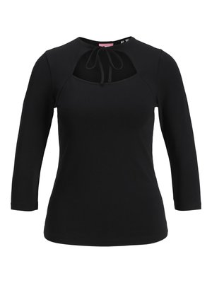 Top negru cu maneci lungi, prezentând un decolteu cu decupaj și o panglică, având o textură solidă. Design simplu, fără modele sau embellishmente.