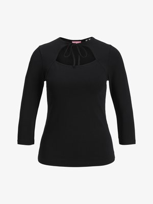 Fekete, hosszú ujjú felső, amely kivágott nyakkivágással és megkötős részlettel rendelkezik, sima textúrával. Egyszerű dizájn, minták vagy díszítések nélkül.