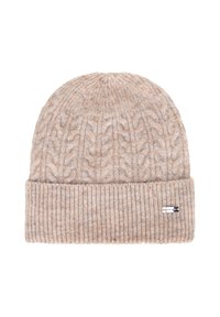 Czapka z dzianiny warkoczowej w jasnobeżowej wełnie z podwójnym prążkowanym brzegiem i małym detalem z metką. Miękka tekstura i zaokrąglony kształt wierzchu.