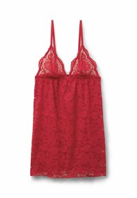 Negligé de encaje rojo con tirantes finos ajustables, escote pronunciado, patrón floral y tela fluida que llega hasta la mitad del muslo.