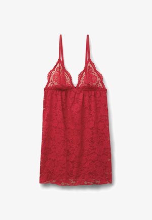 Rote Spitzen-Negligé mit verstellbaren dünnen Trägern, einem tiefen Ausschnitt, floralem Muster und fließendem Stoff, der bis zur Mitte des Oberschenkels reicht.