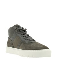 High-top sneaker in grey suede and fabric with a white rubber sole, featuring round laces and a reinforced ankle design.