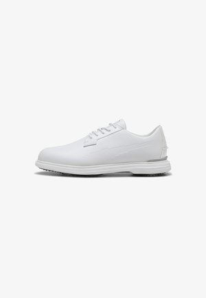 White golf shoes made of synthetic material; feature a smooth surface, rounded toe, lace-up design, textured accents, and rubber sole.