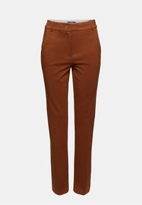 Hnědé ušité kalhoty s hladkou texturou, plochým předním dílem, zapínáním na jeden knoflík a rovnými nohavicemi. Obsahují boční kapsy a poutka na opasek.