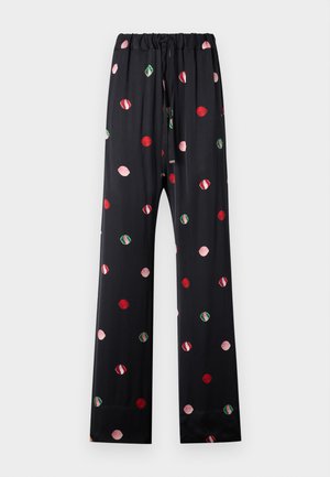 Pantaloni neri a gamba larga con vita arricciata, caratterizzati da un motivo di cerchi colorati in rosso, rosa e verde. Tessuto morbido.
