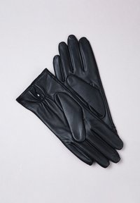 Black leather gloves with a smooth texture, featuring a fitted design and four fingers, a thumb, and a subtle seam detail.