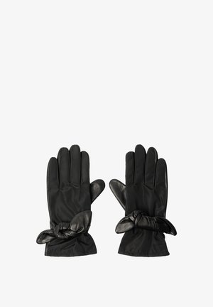 Guanti neri con un dettaglio in pelle a fiocco sul polso, mostrati con il lato anteriore e le dita e i pollici estesi.