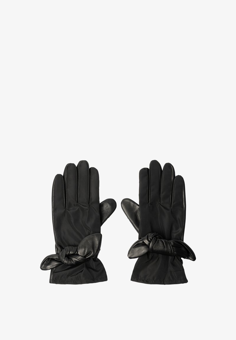 Μαύρα γάντια με δερμάτινη λεπτομέρεια φιόγκου στον καρπό, εμφανίζοντας την μπροστινή πλευρά με τα δάχτυλα και τους αντίχειρες εκτεινόμενους.