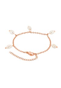 Bracciale a catena in oro rosa con cinque perle bianche, dotato di chiusura a moschettone e un'estensione della catena regolabile per una calzata sicura.