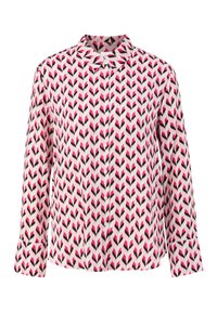 Camicia button-up in tessuto leggero, caratterizzata da un motivo a freccia rosa e nero su sfondo crema. Collo classico e maniche lunghe.