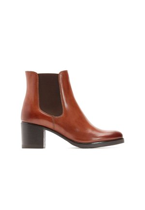 Brown leather ankle boot with elastic side panels, rounded toe, and a block heel. Smooth texture with subtle stitching detail.