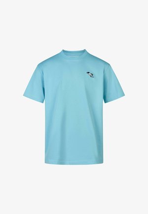 Light blue t-shirt featuring a small bird design embroidered on the chest, with a crew neck and short sleeves, displayed against a white background.