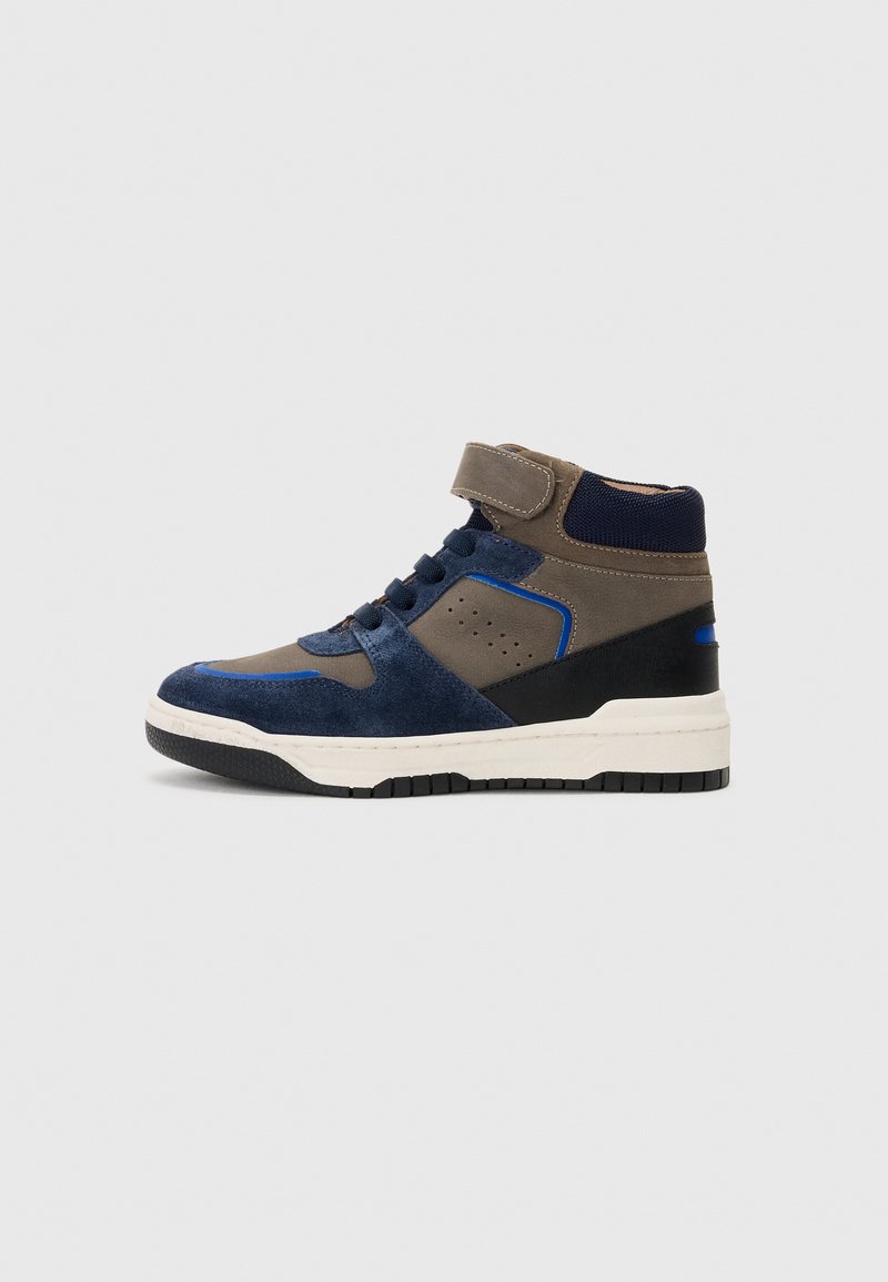 High-top sneaker featuring a mix of blue suede and grey fabric, with black accents and a white rubber sole. Velcro strap and lace closure.