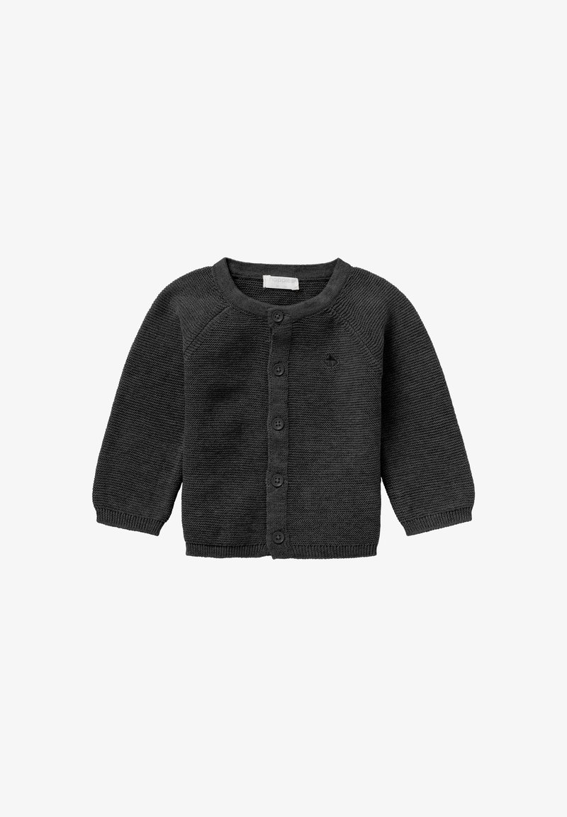 Cardigan bébé tricoté gris foncé à manches longues avec cinq boutons sur le devant, poignets et ourlet côtelés.