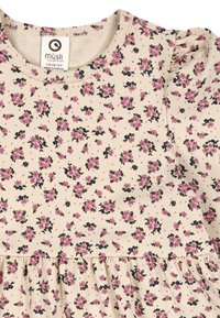 Light beige dress with a floral pattern in pink and dark green. Features a round neckline and gathered accents on the sleeves.