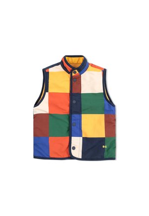 Gilet sans manches matelassé avec un audacieux motif de damier multicolore. Présente un biais en marine, des boutons-pression et un logo jaune sur l'ourlet.