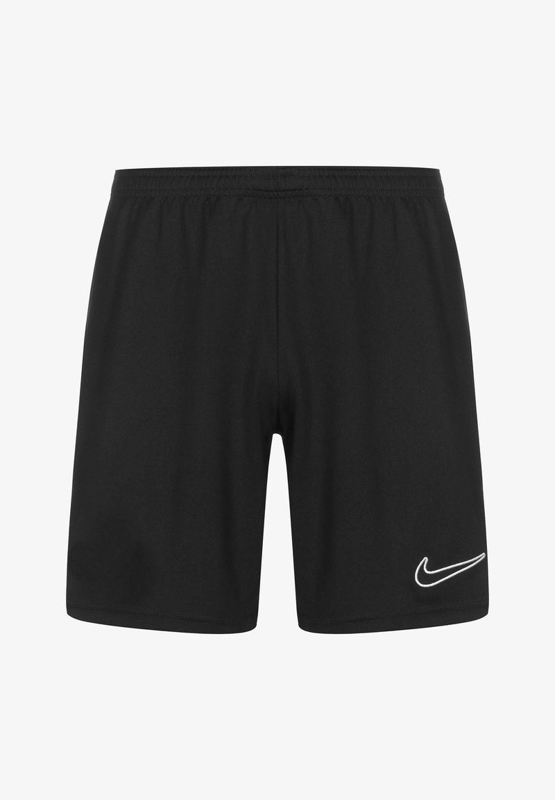 Svarta träningsshorts med elastisk midja och vit Nike swoosh-logotyp på nedre högra benet.