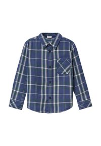 Marineblauwe en groene geruite flanellen shirt met lange mouwen, knoopsluiting en een enkele borstzak met een schuine ontwerp. Zachte stof.