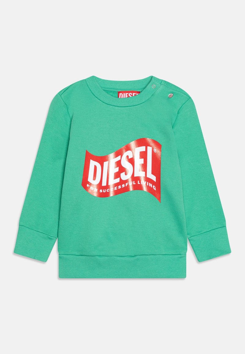 Sweat-shirt vert à manches longues pour tout-petit avec des poignets côtelés et un logo rouge "DIESEL For Successful Living" sur le devant.