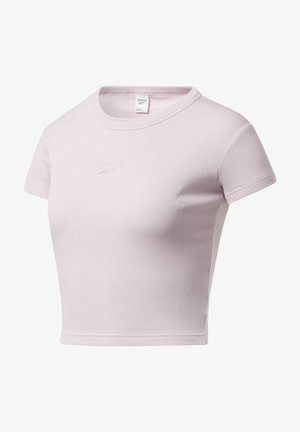 Hele roosa soonik lühikeste varrukatega, ümmarguse kaelusega ja rinnal tikitud Reeboki logo. Poolpikk disain. Sile tekstuur.