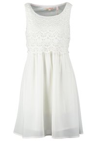 Hihaton valkoinen mekko, jossa virkattu pitsitoppi ja laskeutuva sifonkihame, suunniteltu keskikokoiselle istuvuudelle.