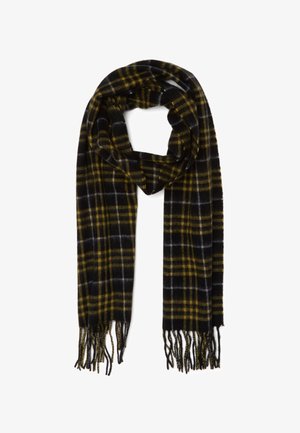 Écharpe à carreaux noir et jaune en tissu doux, avec des extrémités frangées et une forme rectangulaire présentant des motifs de carreaux alternés.