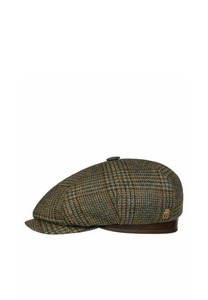Flat tweed newsboy cap with brown, green, and gray plaid pattern and small leather trim along the base.