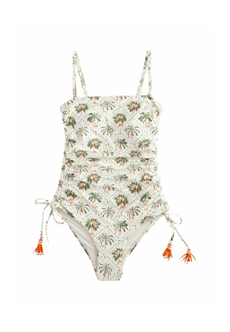 Maillot de bain une pièce avec une base blanche, un motif de palmier vert et de fleurs, des cordons réglables et des pompons en perles sur les côtés.