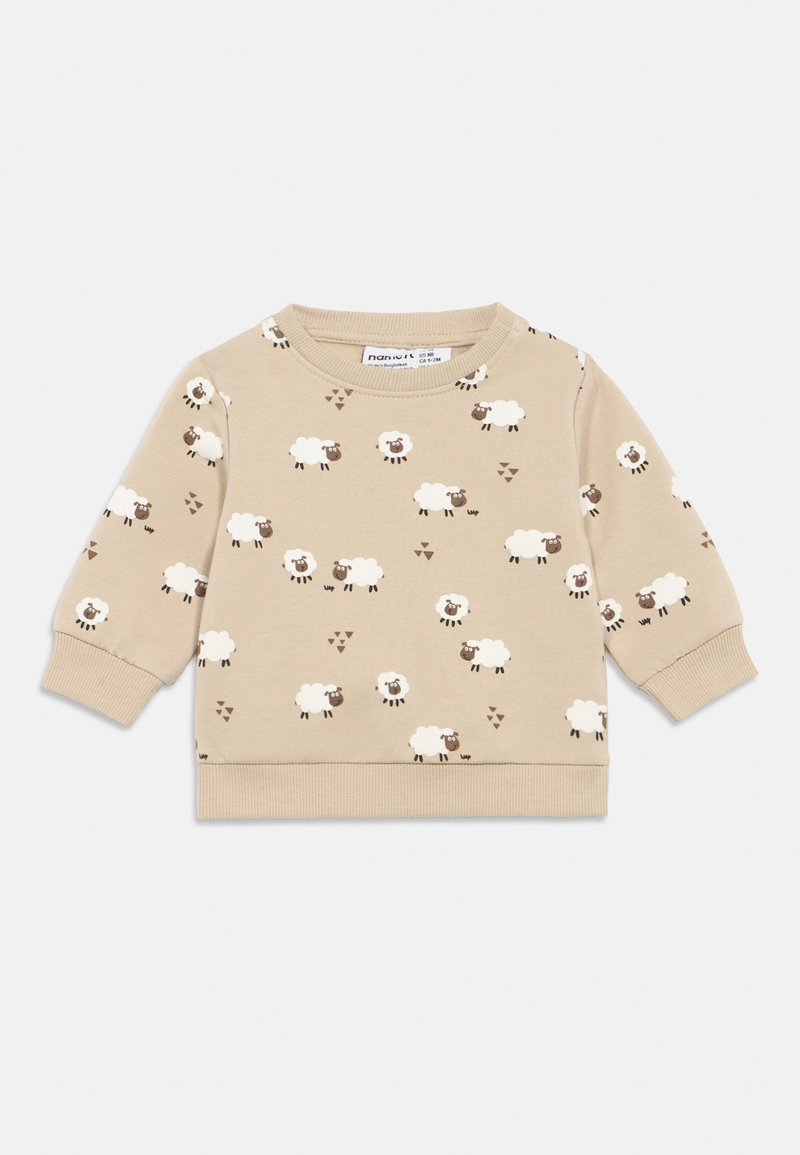 Pull beige à manches longues pour bébé avec motif agneaux blancs et marron, manches et ourlet côtelés, taille 6 mois.
