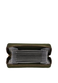 Green fabric wallet with a zip closure, featuring multiple compartments lined with a black and white striped pattern. Gold-tone zipper.