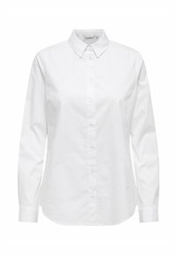 Chemise blanche à manches longues avec col, coupe ajustée et design uni, présentée sur un fond blanc neutre.
