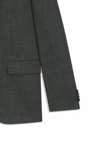 Giacca da abito grigio scuro in un tessuto strutturato, con una tasca sul petto e dettaglio dei polsini a tre bottoni. Vestibilità sartoriale con rever strutturati.